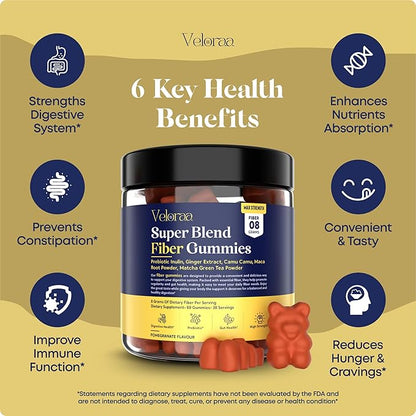 Super Blend Fiber Gummies for Adults – 8g Prebiotic Fiber Gummies, Supports Digestive Health, Bloating Relief & Wellness, Infused with Ginger, Camu Camu & Matcha, Strawberry Flavor – 60 Count