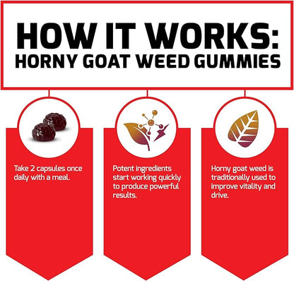 Force Factor Horny Goat Weed Gummies for Men, Natural Male Drive & Vitality Supplement with Ingredients for Superior Absorption, Delicious Passion Berry Flavor, Black, 90 Count