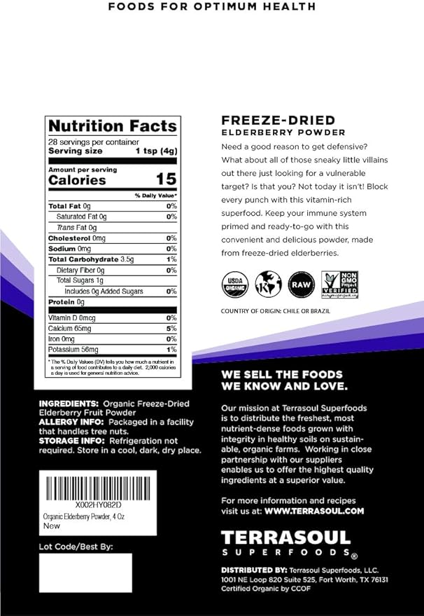 Terrasoul Superfoods Organic Elderberry Powder, 4 Oz - Freeze-Dried