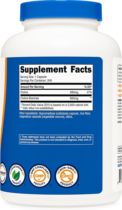 Nutricost Choline Bitartrate 650mg, 240 Vegetarian Capsules - Non-GMO, Vegetarian Friendly, Gluten Free