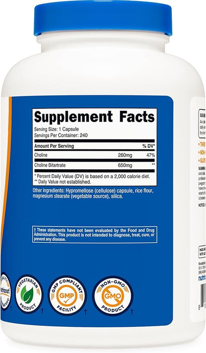 Nutricost Choline Bitartrate 650mg, 240 Vegetarian Capsules - Non-GMO, Vegetarian Friendly, Gluten Free