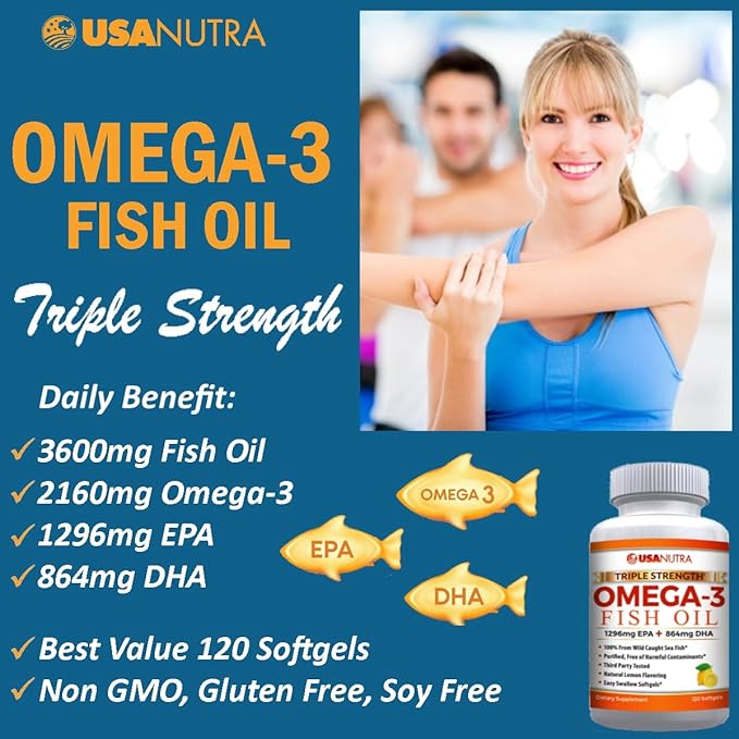 Omega 3 Fish Oil Supplement 3600mg with EPA and DHA for Women and Men Supports Joint, Brain and Heart Health 120 Softgels