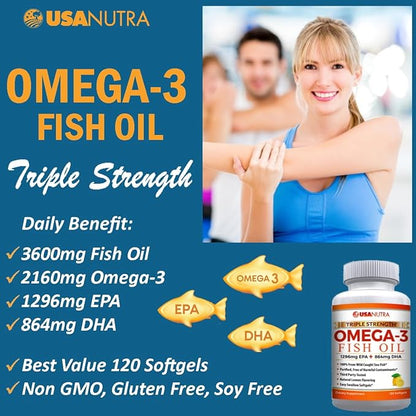 Omega 3 Fish Oil Supplement 3600mg with EPA and DHA for Women and Men Supports Joint, Brain and Heart Health 120 Softgels