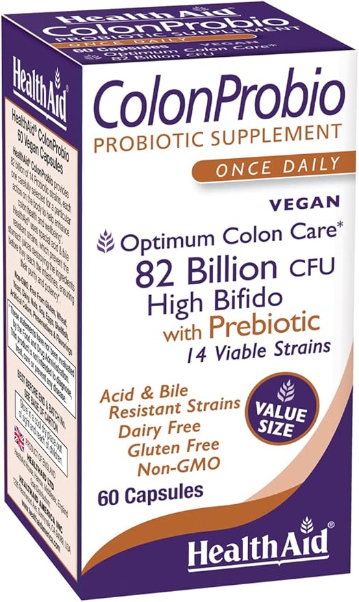 ColonProbio 82 Billion with Prebiotic, 14 Strains, Once Daily, 60ct, Optimum Colon Care, Acid & Bile Resistant, Dairy Free, Gluten Free, Non-GMO, High Bifido