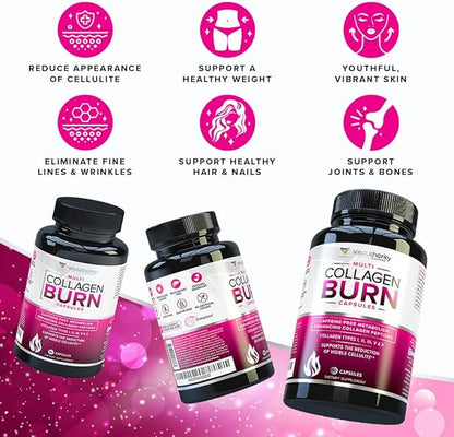 Multi Collagen Burn: Multi-Type Hydrolyzed Protein Peptides with Hyaluronic Acid, Vitamin C, SOD B Dimpless, Types I, II, III, V and X, Caffeine-Free (Unflavored Capsules)