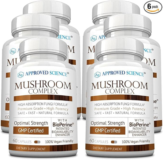 Approved Science Mushroom Complex - Support The Immune System and Cognitive Function - with Lion’s Mane, Chaga, Reishi, Turkey Tail, Shiitake, Oyster, and More - 6 Month Supply - Vegan