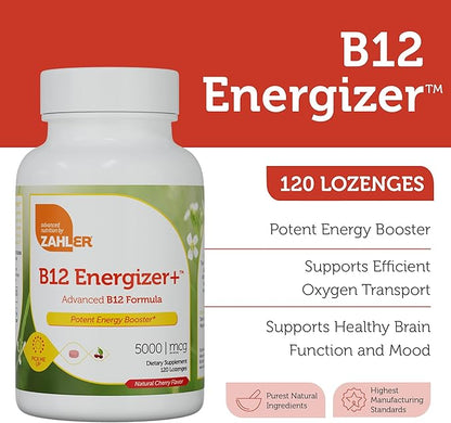 Zahler Energizer+ Vitamin B12-5000 mcg Vitamin B12 - Natural Cherry Flavor Dissolvable Lozenges - Kosher Gluten Free Non-GMO B12 Vitamins 5000 mcg, Energy Boost, Made in USA (120 Count)