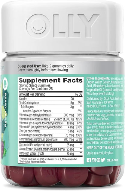 OLLY Flawless Complexion Gummy, Clear and Healthy Skin Support, Vitamins E, A, Zinc, Chewable Supplement, Berry - 50 Count (Pack of 1)