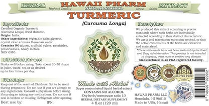 Turmeric Alcohol-Free Liquid Extract, Organic Turmeric (Curcuma Longa) Dried Rhizome Glycerite Natural Herbal Supplement, Hawaii Pharm, USA 32 fl.oz