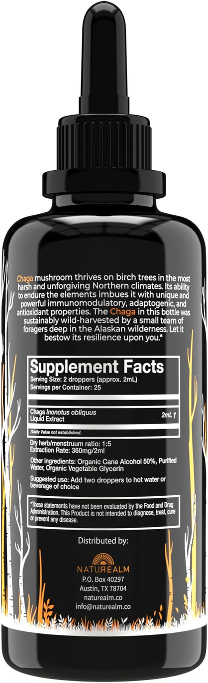 Naturealm Chaga Mushroom Liquid Tincture Supplement – Immune Support, Antioxidant Boost & Hair, Skin, Nail Health, Vegan, Non-GMO – Wild-Harvested Fruiting Bodies, 1 Month Supply