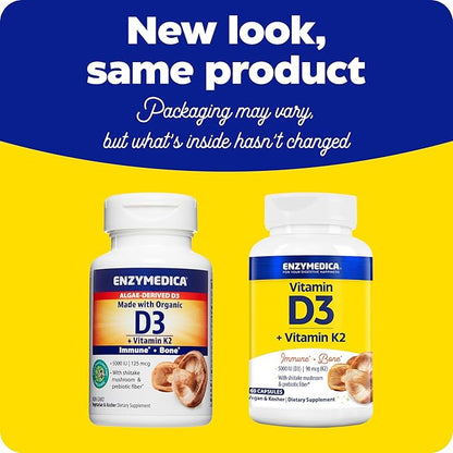Enzymedica, Organic Vitamin D3+K2, 5,000 IU VIT D3 & 90 mcg VIT K2 MK-7, with Shitake Mushrooms & Prebiotic Fiber, Vegan, 60 Count