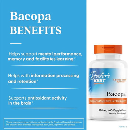 Doctors Best Bacopa with Synapsa, Supports Cognitive Performance, Non-GMO, Gluten Free, Soy Free, Vegan 60 Veggie Caps