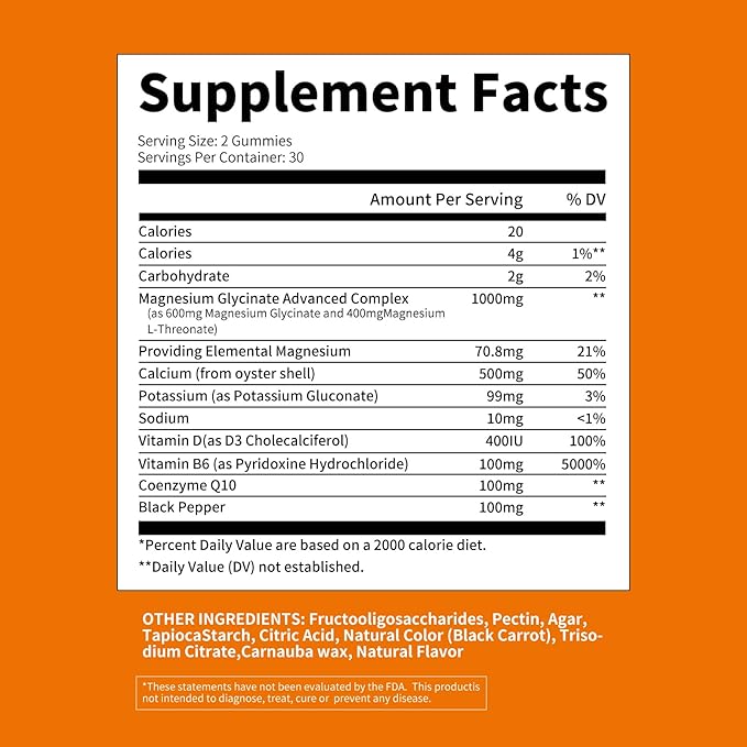 Magnesium Glycinate Gummies 1000mg - for Adults Magnesium Potassium Supplement with Vitamin D, B6, CoQ10 for Calm Mood & Sleep Support - 60 Orange Gummies -1 Pack