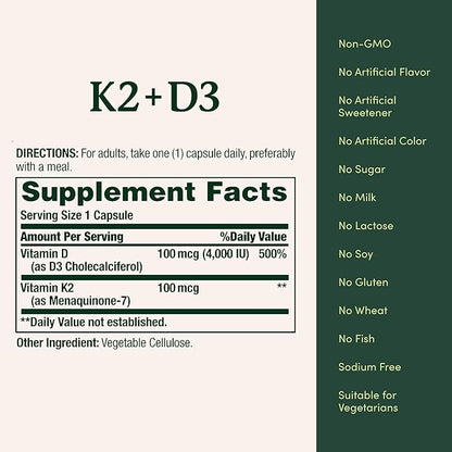 Nature's Bounty Vitamin D3 K2 Supplement, 4000 IU Vitamin D3 Plus 100 mcg of Vitamin K for Heart & Bone Health Support, 60 Day Supply, 60 Vegetarian Capsules, K2 + D3 Supplements for Adults