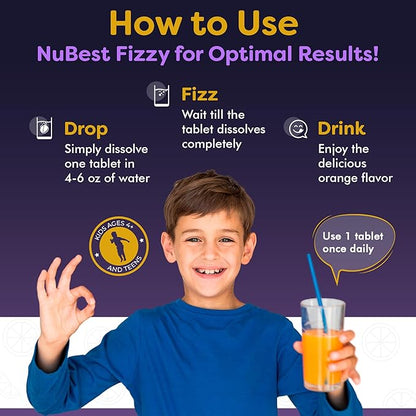 NuBest Tall Fizzy - Bone Strength, Immunity, Digestive Health for Kids & Teens | Probiotic, Calcium, Magnesium from Red Marine Algae, Vitamin D3, K2 & Zinc | 30 Orange Effervescent Tablets - Ages 4+