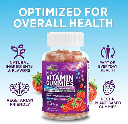 Multivitamin Gummies - Adult Gummy Vitamins for Women & Men, Nature's Daily Gummy Multivitamins for Adults, Vitamins A, C, E, B6, B12 - Multi Vitamin Supplement, Non-GMO, Berry Flavored - 60 Gummies