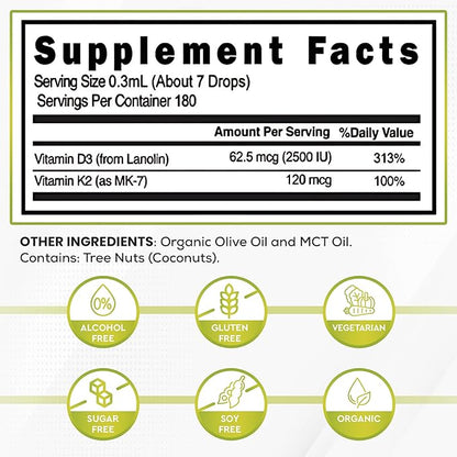 Vitamin D3 + K2 (MK-7) Liquid Drops with MCT Oil & Olive Oil - Vegetarian, Non-GMO, Soy-Free, Gluten-Free, Alcohol-Free, 1 Bottle, 2 Fl Oz (60 ml) - 180 Servings (2500 IU per Serving)