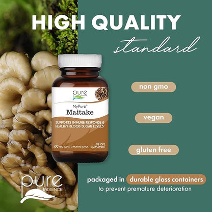 PURE ESSENCE LABS MyPure Maitake Mushrooms - Concentrated Maitake Mushroom Powder Supplement for Immune System Support, Stress Relief, Build Energy, Strength Booster for Men & Women - 2 Month Supply