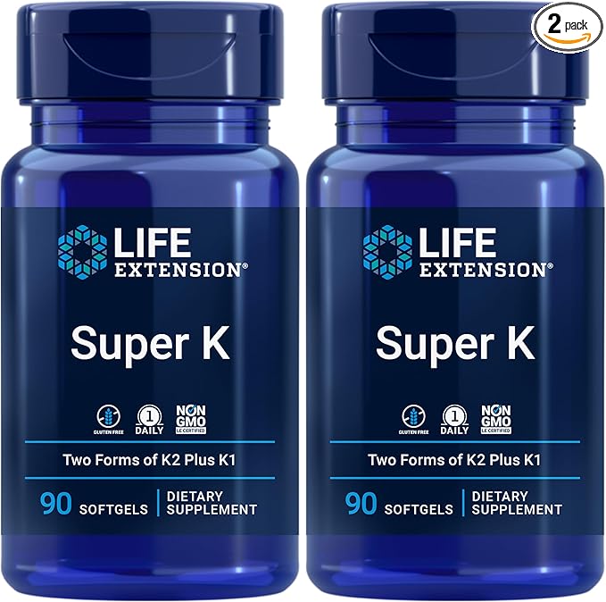 Life Extension Super K, Vitamin K1, Vitamin K2 mk-7, Vitamin K2 mk-4, Vitamin C, Bone/Heart/arterial Health, 3-Month Supply, Gluten-Free, 1 Daily, Non-GMO, 90 softgels (Pack of 2)
