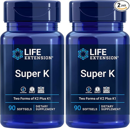 Life Extension Super K, Vitamin K1, Vitamin K2 mk-7, Vitamin K2 mk-4, Vitamin C, Bone/Heart/arterial Health, 3-Month Supply, Gluten-Free, 1 Daily, Non-GMO, 90 softgels (Pack of 2)