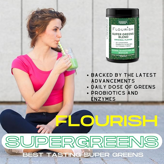 Flourish Super Greens. Greens Powder Mix for Energy,with Chlorella Organic Spirulina, Beet Root Powder, Enzymes & Probiotics, Original, 30 Servings