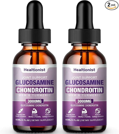 2 Pack Glucosamine Chondroitin MSM Liquid Drops, Extra Strength Joint Support Supplement for Adults Men & Women, Quercetin Boswelia, Bromelain, Antioxidant Immune Support (4 Fl oz)