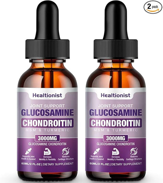 2 Pack Glucosamine Chondroitin MSM Liquid Drops, Extra Strength Joint Support Supplement for Adults Men & Women, Quercetin Boswelia, Bromelain, Antioxidant Immune Support (4 Fl oz)