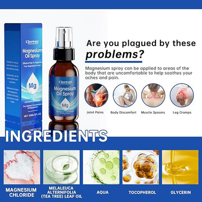 Magnesium Oil Spray, 60ml (2 fl oz) Each, Ultra Pure Topical Magnesium Spray for Body and Feet, Fast Absorbing Magnesium Spray for Muscle Relaxation and Overall Health (2)
