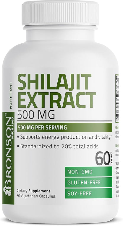 Bronson Shilajit Extract 500 MG Per Serving, Supports Energy Production & Vitality, Standardized to 20% Total Acids, Non-GMO, 60 Vegetarian Capsules