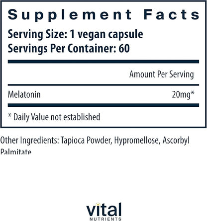 Vital Nutrients Melatonin 20mg | Vegan | Sleep Supplement to Support The Body's Natural Sleep Cycle* | Gluten, Dairy, Soy Free | 60 Capsules