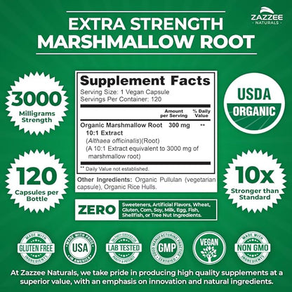 Zazzee USDA Organic Marshmallow Root 10:1 Extract, 3000 mg Strength, 120 Vegan Capsules, 4 Month Supply, Standardized, Concentrated 10X Extract, 100% Vegetarian, All-Natural, Non-GMO, Made in The USA