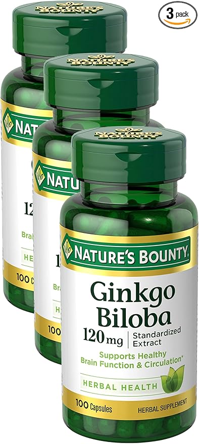 Nature's Bounty Ginkgo Biloba Capsules 120mg, Memory Support Supplement, Supports Brain Function and Mental Alertness, 100 Capsules (Pack of 3)