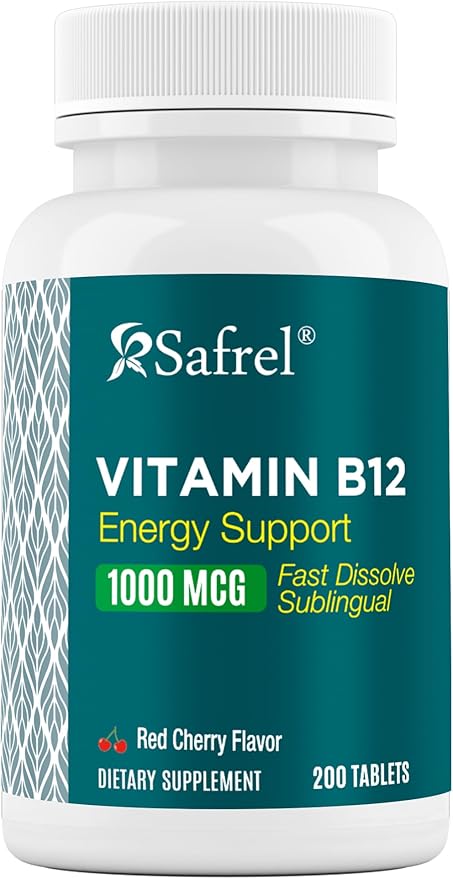 Safrel Vitamin B12 1000 mcg, 200 Fast Dissolve Tablets, Easy to Take Sublingual B12 Cherry Flavor, 200 Day Supply