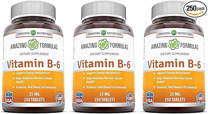 Amazing Formulas Vitamin B6 Pyridoxine 25mg 250 Tablets Supplement | Non-GMO | Gluten Free | Made in USA (3 Pack)