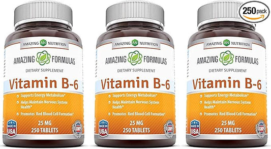 Amazing Formulas Vitamin B6 Pyridoxine 25mg 250 Tablets Supplement | Non-GMO | Gluten Free | Made in USA (3 Pack)