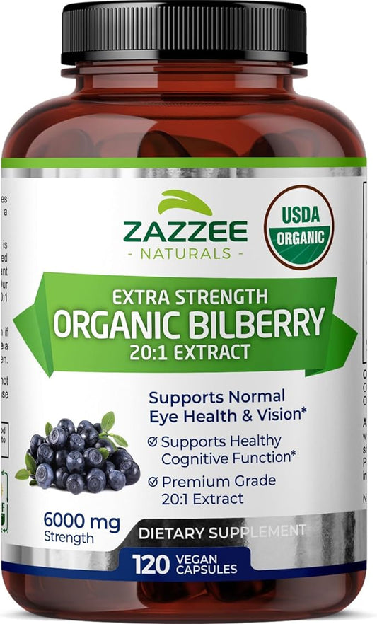 Zazzee USDA Organic Bilberry 20:1 Extract, 6000 mg Strength, 120 Vegan Capsules, 4 Month Supply, Standardized and Concentrated 20X Extract, 100% Vegetarian, All-Natural, Non-GMO, Made in The USA