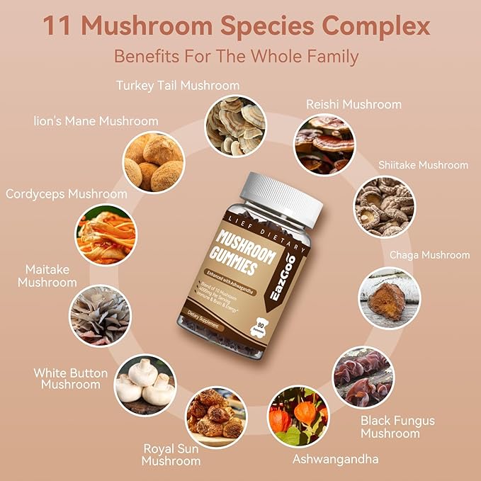 Mushroom Gummies Supplement - with Ashwagandha, Lions Mane, Shitake Mushrooms, Turkey Tail, Chaga, and Cordyceps Mushroom for Immune Health, Mood & Stress Support (180 Gummies)