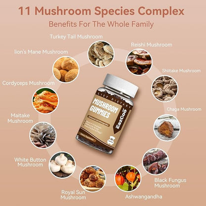Mushroom Gummies Supplement - with Ashwagandha, Lions Mane, Shitake Mushrooms, Turkey Tail, Chaga, and Cordyceps Mushroom for Immune Health, Mood & Stress Support (180 Gummies)
