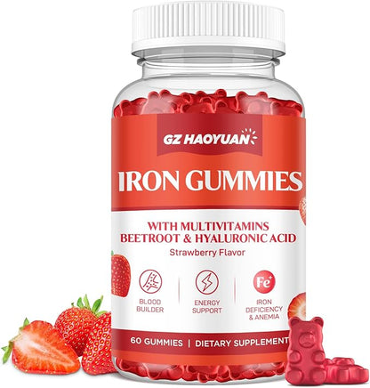 Iron Gummies for Women & Kids - Iron Supplement Gummies with Multivitamin for Blood Builder, Energy, Iron Deficiency & Anemia - Sugar Free Vegan Iron Gummies Strawberry 60 ct