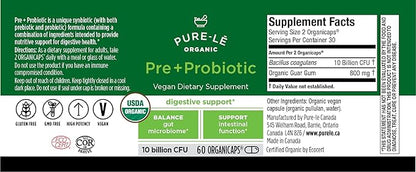 USDA Organic Prebiotic + Probiotic 60 Organicaps - Vegan Certified Organic Kosher Complete Daily Digestive Support. All Natural - Ultra Premium Digestive Dietary Supplement.