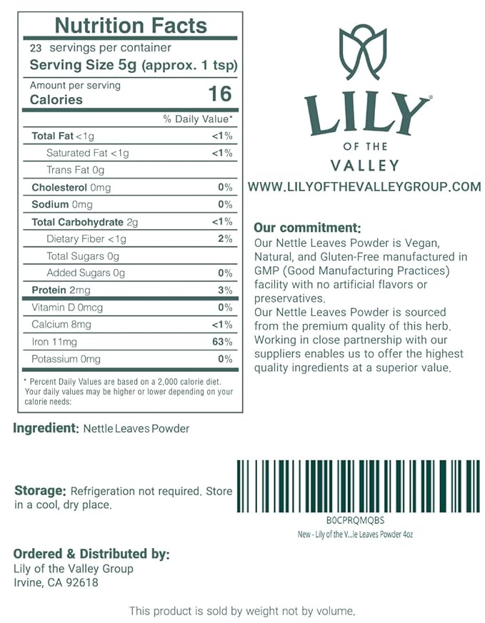 LILY OF THE VALLEY Nettle Leaf Powder - Gently Dried and Ground - 100% Natural Stinging Nettle - Ideal Addition to Recipes - Vegan & Gluten-Free - Packed in Resealable Pouch (4oz, 113g)