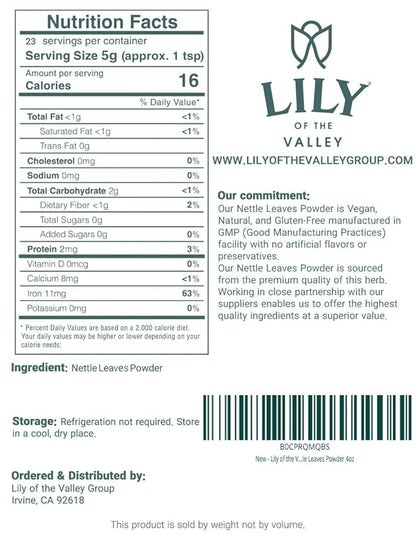 LILY OF THE VALLEY Nettle Leaf Powder - Gently Dried and Ground - 100% Natural Stinging Nettle - Ideal Addition to Recipes - Vegan & Gluten-Free - Packed in Resealable Pouch (4oz, 113g)