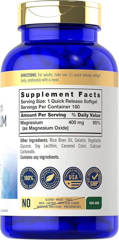 Carlyle Magnesium Oxide 400mg | 180 Softgels | Essential Mineral | Non-GMO and Gluten Free Supplement