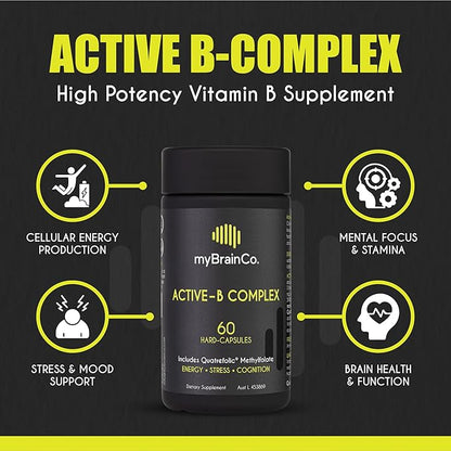 myBrainCo Active-B Complex Supplement - High Strength Activated Vitamin B Complex - Potent B2, B6, B12 Vitamins and Methyl-Folate Supplement to Support Cellular Energy and Cognition (60 Vege-Capsules)
