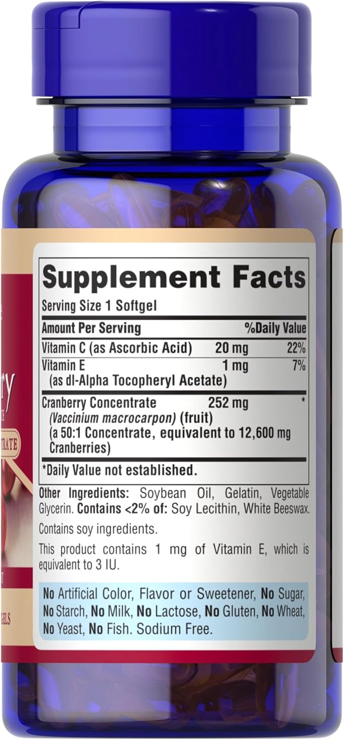 Puritan's Pride Premium Cranberry Fruit Concentrate 252mg (12,600mg Equivalent) with Vitamins C and E, Dietary Supplement for Immune System Support, 100 Rapid Release Softgels