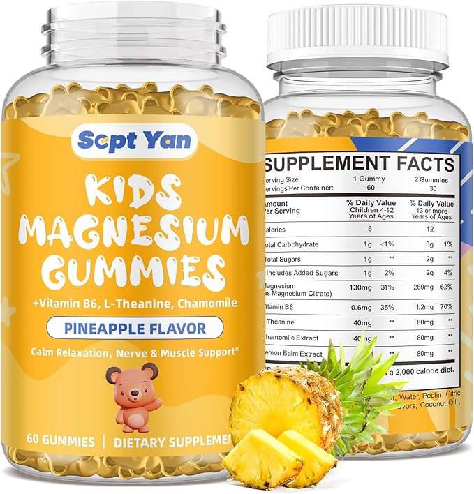 Magnesium Citrate Gummies for Kids & Adults - Calm Magnesium Supplement with Vitamin B6, Chamomile & Lemon Balm for Sleep, Bones, Pineapple Flavor 60 Gummies