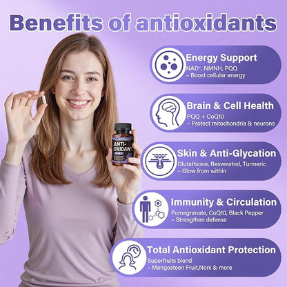 13-in-1 Antioxidants Supplement with NAD, NMNH, Resveratrol, Glutathione & PQQ - Natural Herbal & Fruit Formula - 120 Capsules (60-Day Supply)