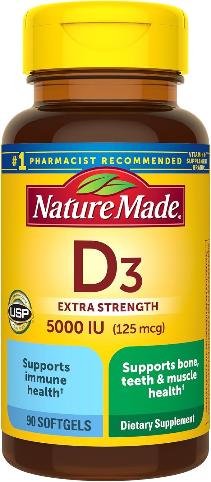 Nature Made Extra Strength Vitamin D3 5000 IU (125 mcg), Dietary Supplement for Bone, Teeth, Muscle and Immune Health Support, 90 Softgels, 90 Day Supply