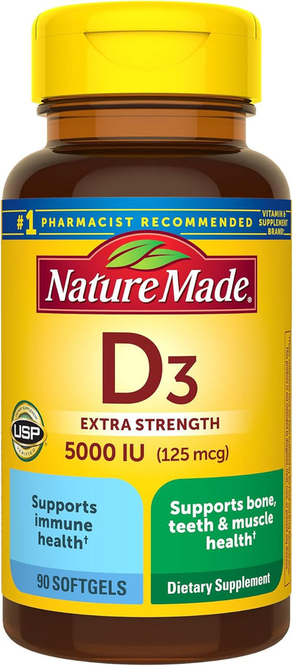 Nature Made Extra Strength Vitamin D3 5000 IU (125 mcg), Dietary Supplement for Bone, Teeth, Muscle and Immune Health Support, 90 Softgels, 90 Day Supply