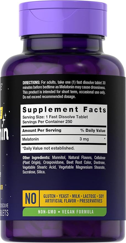 Carlyle Melatonin 3mg Fast Dissolve Tablets | 250 Count | Low Dose and Drug Free | Vegan, Non-GMO, Gluten Free
